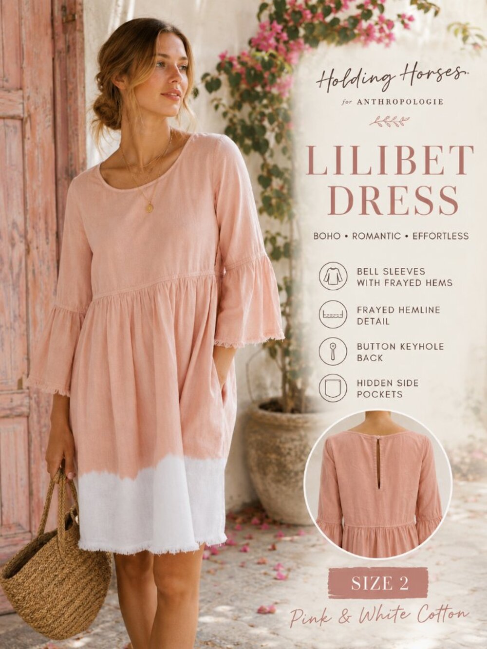Anthropologie Holding Horses Lilibet Dress Pink Boho Bell Sleeve 2